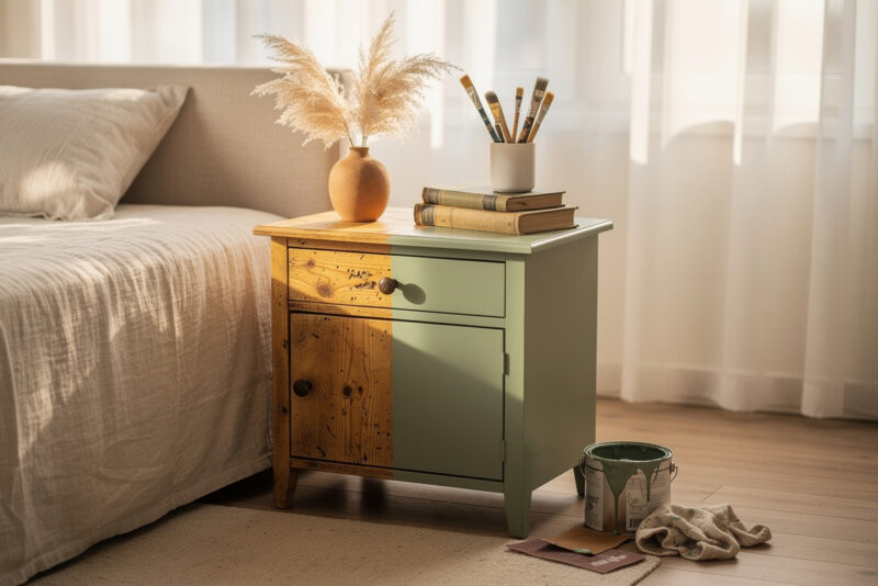 Comment relooker une vieille table de chevet en pin vernis ?